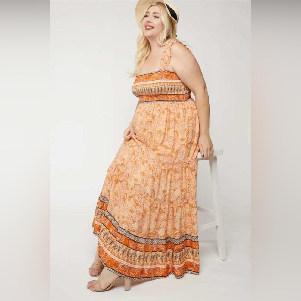 🔥New🔥 Plus Size Orange Printed Smocked Ruffle Sleeveless Maxi Dress (1X,2X,3X) - Picture 3 of 4